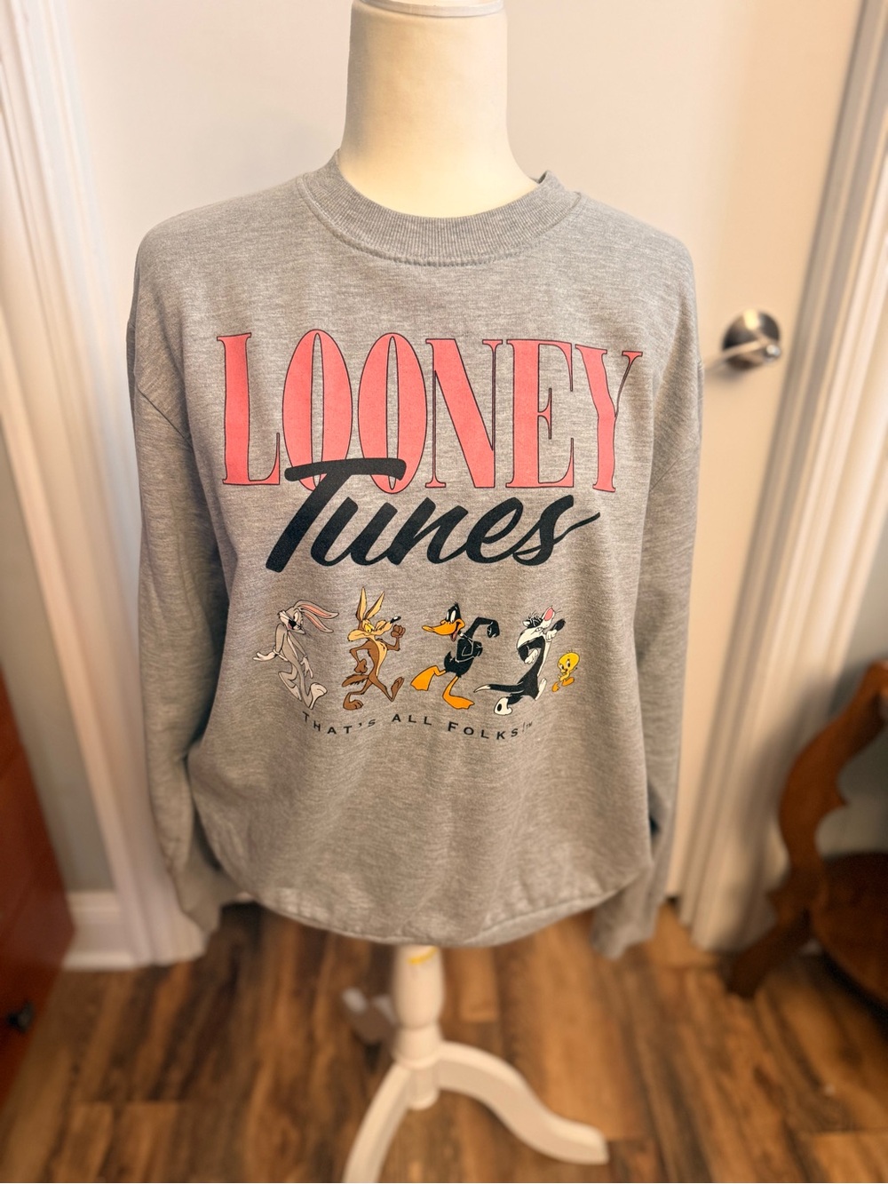 Looney Tunes Gray Crewneck Sweatshirt with Pink Logo